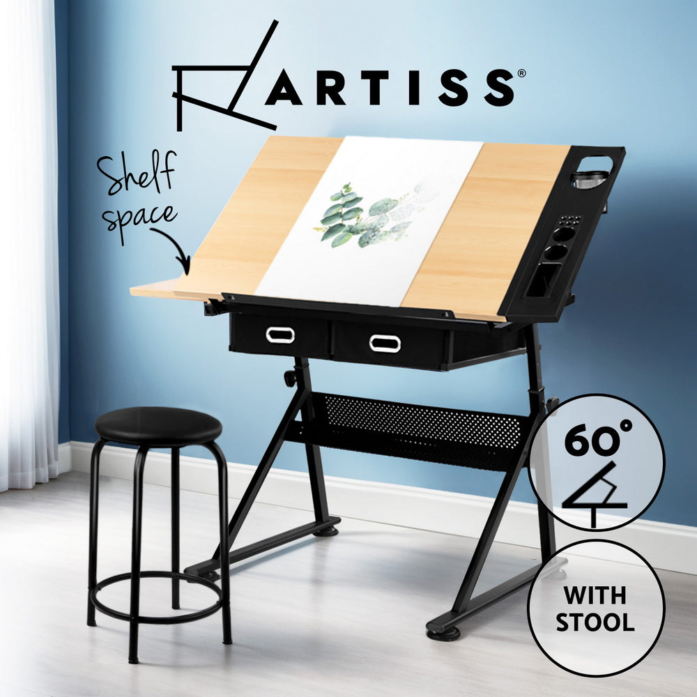 Drawing Desk Drafting Table Set with Stool Tilt Art Craft Black