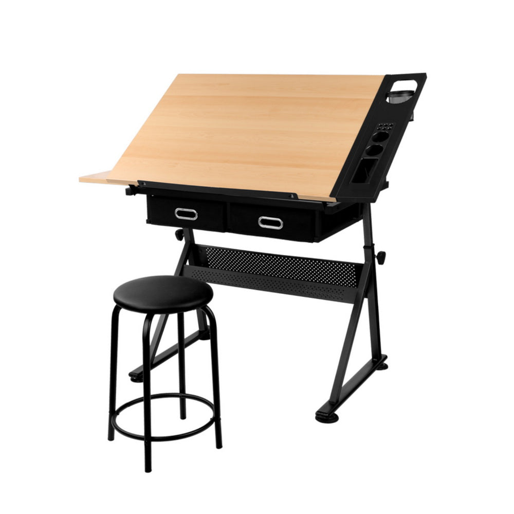 Drawing Desk Drafting Table Set with Stool Tilt Art Craft Black