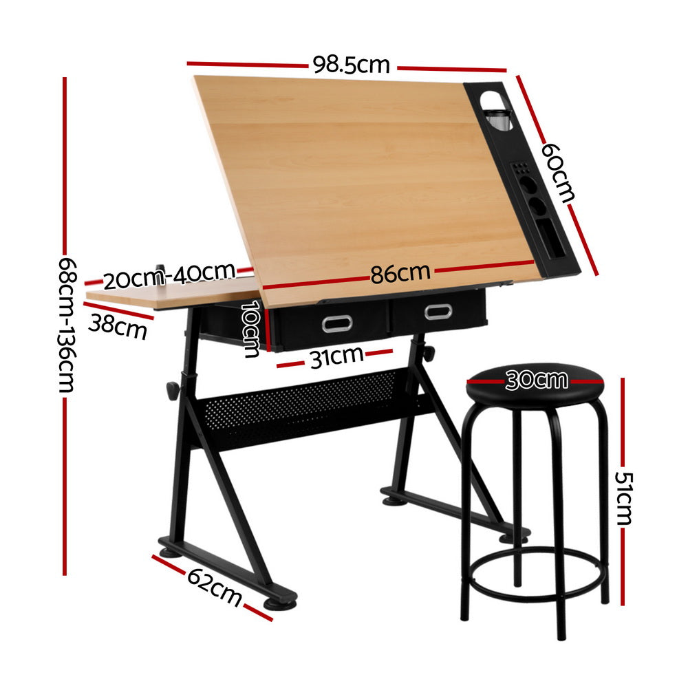 Drawing Desk Drafting Table Set with Stool Tilt Art Craft Black