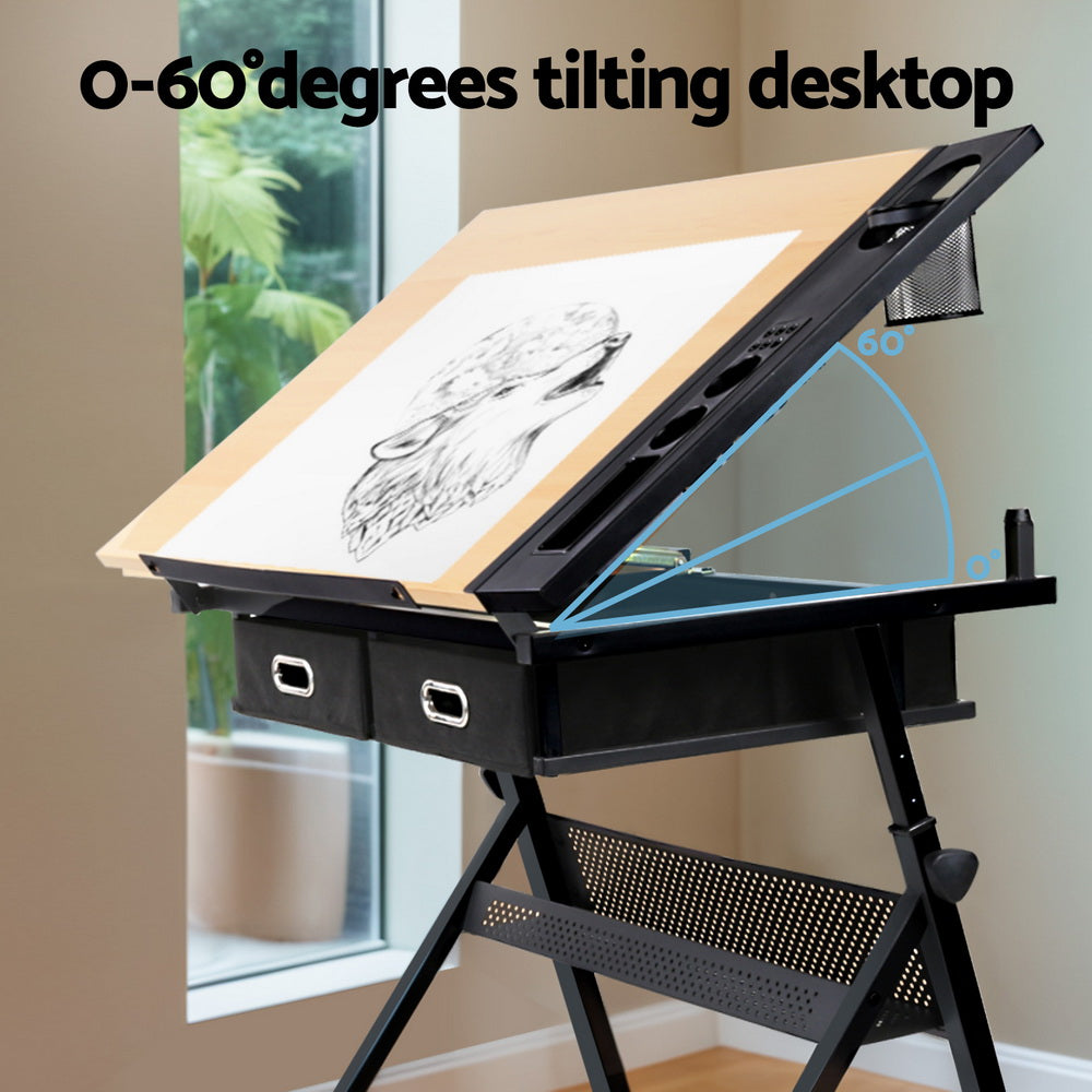 Drawing Desk Drafting Table Set with Stool Tilt Art Craft Black