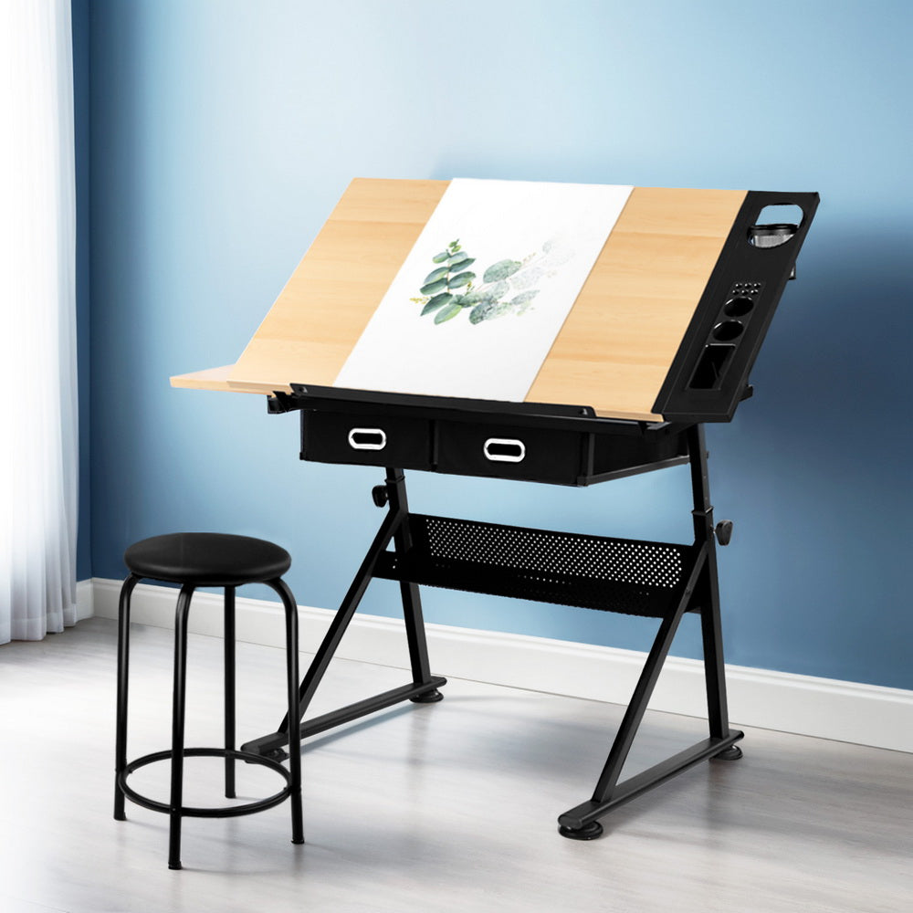 Drawing Desk Drafting Table Set with Stool Tilt Art Craft Black