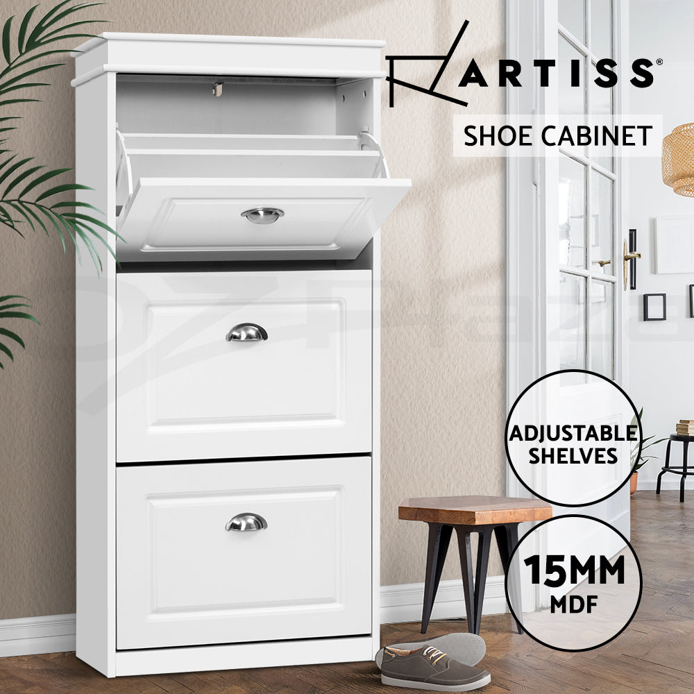Shoe Rack Storage Cabinet 3/4 Flip Out Drawers White