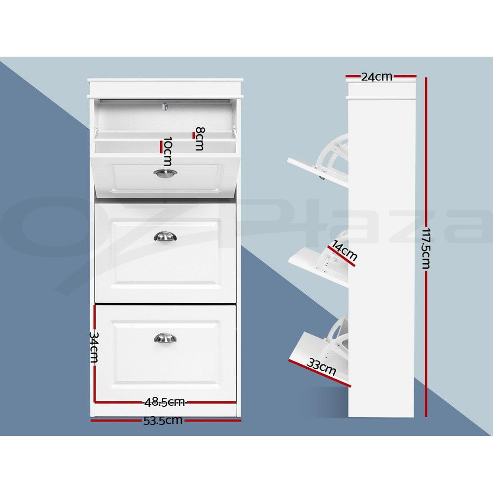 Shoe Rack Storage Cabinet 3/4 Flip Out Drawers White