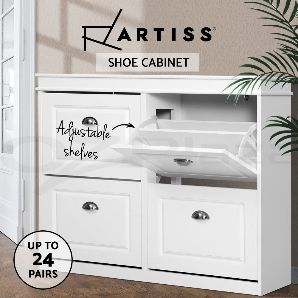 Shoe Rack Storage Cabinet 3/4 Flip Out Drawers White