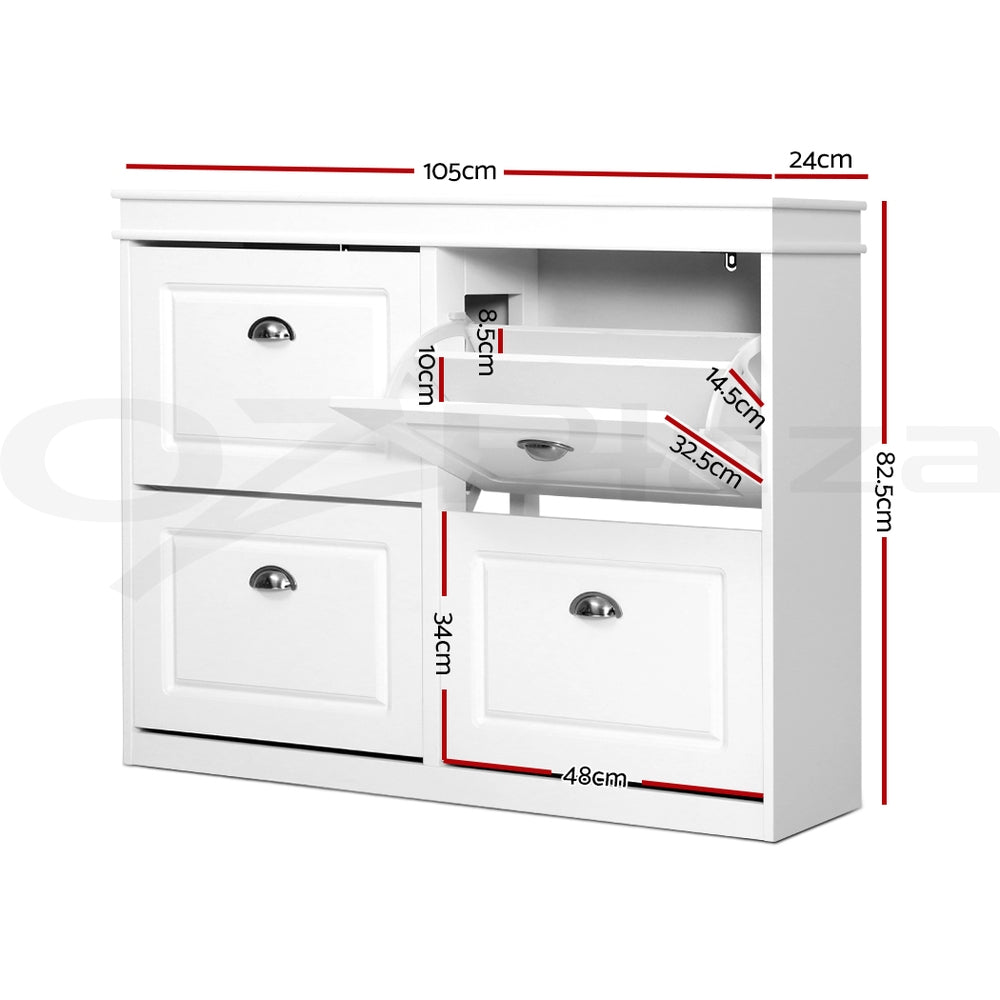 Shoe Rack Storage Cabinet 3/4 Flip Out Drawers White
