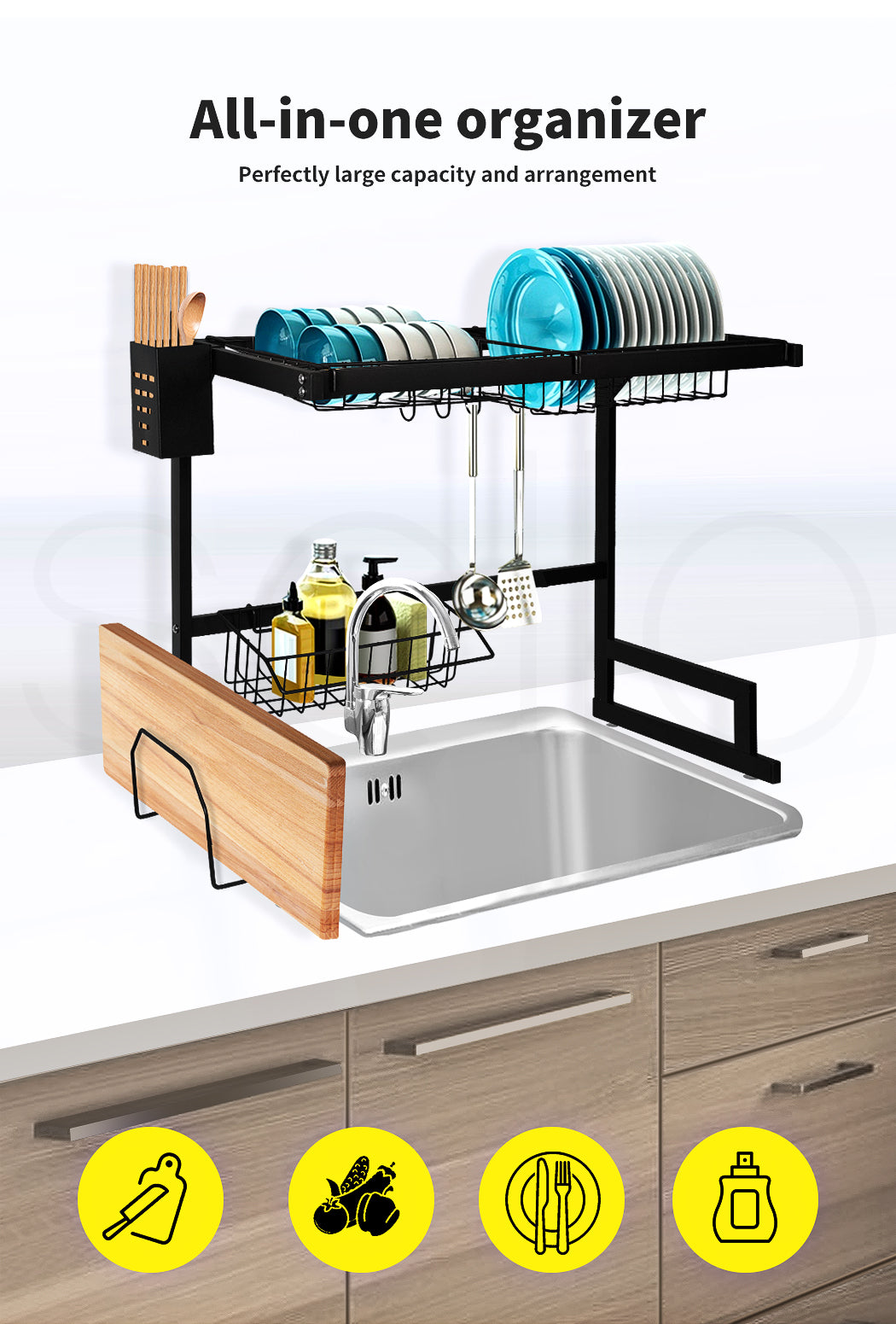 Toque Dish Drying Rack – Stainless Steel Over-Sink Cup & Cutlery Organizer