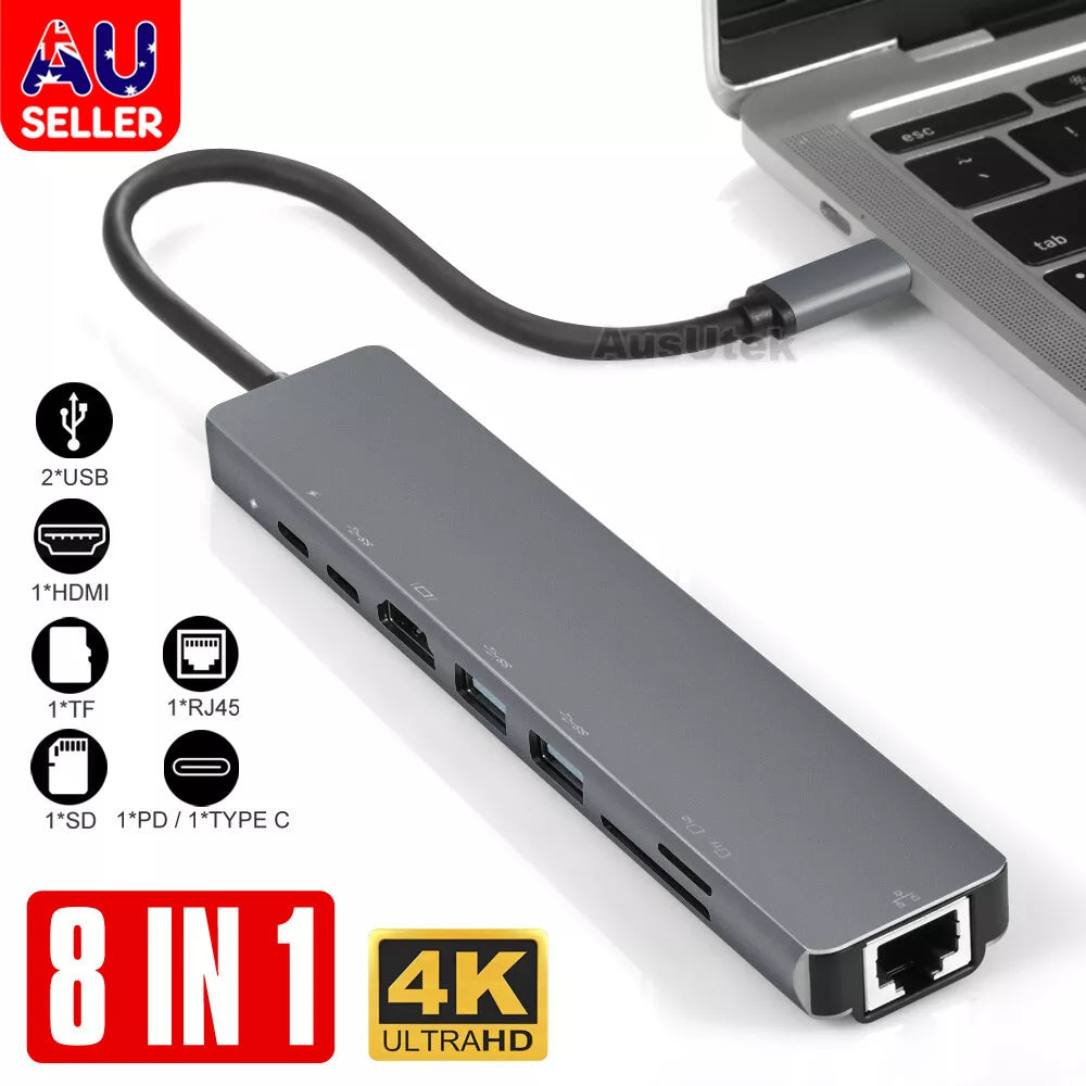 8in1 USB-C 3.1 To Type-C USB 3.0 Hub HDMI RJ45 Ethernet Micro SD TF OTG Adapter