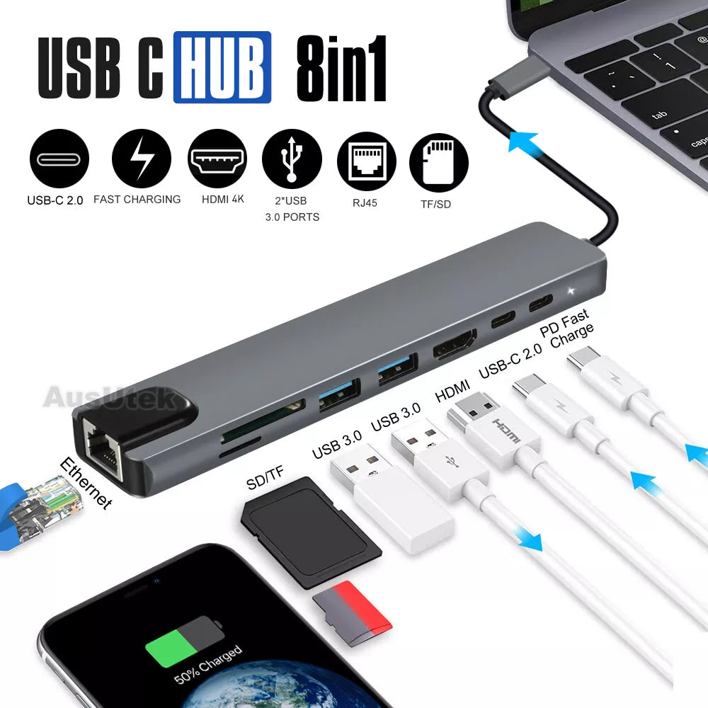 8in1 USB-C 3.1 To Type-C USB 3.0 Hub HDMI RJ45 Ethernet Micro SD TF OTG Adapter