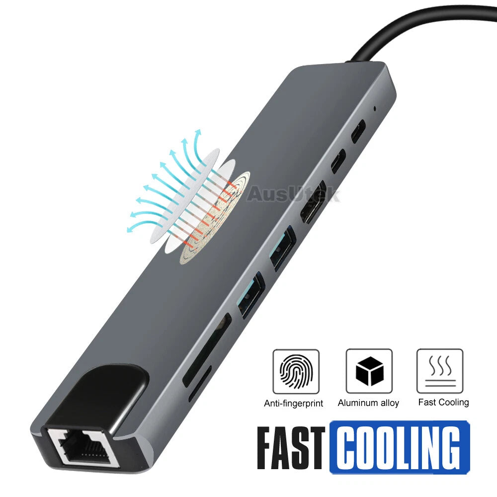 8in1 USB-C 3.1 To Type-C USB 3.0 Hub HDMI RJ45 Ethernet Micro SD TF OTG Adapter