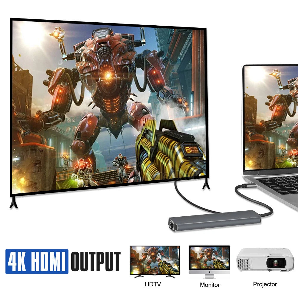 8in1 USB-C 3.1 To Type-C USB 3.0 Hub HDMI RJ45 Ethernet Micro SD TF OTG Adapter