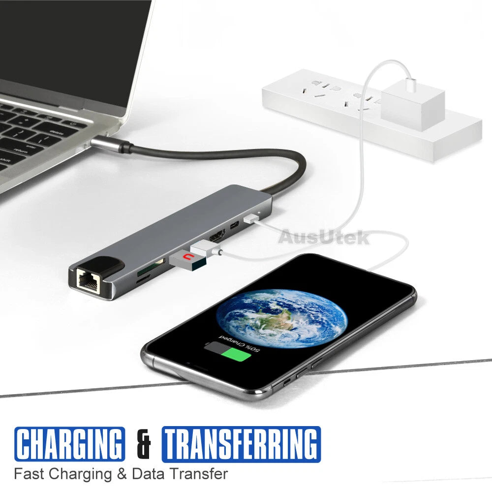 8in1 USB-C 3.1 To Type-C USB 3.0 Hub HDMI RJ45 Ethernet Micro SD TF OTG Adapter