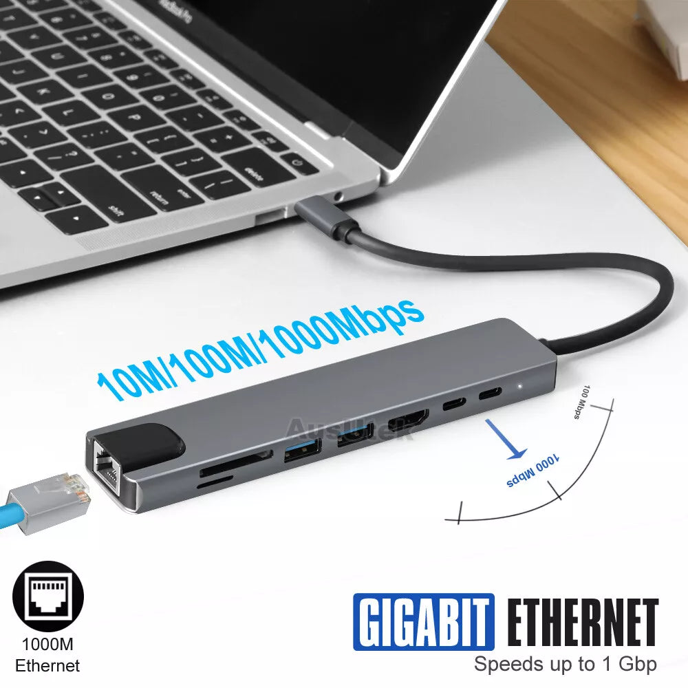 8in1 USB-C 3.1 To Type-C USB 3.0 Hub HDMI RJ45 Ethernet Micro SD TF OTG Adapter