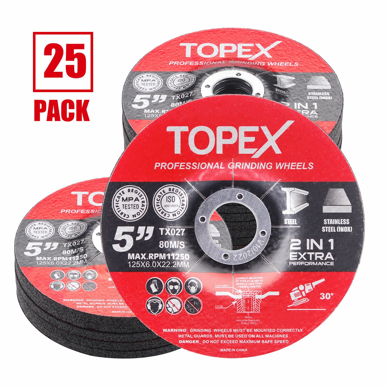 25pc 5" (125mm) Sanding & Grinding Discs – Angle Grinder Wheels