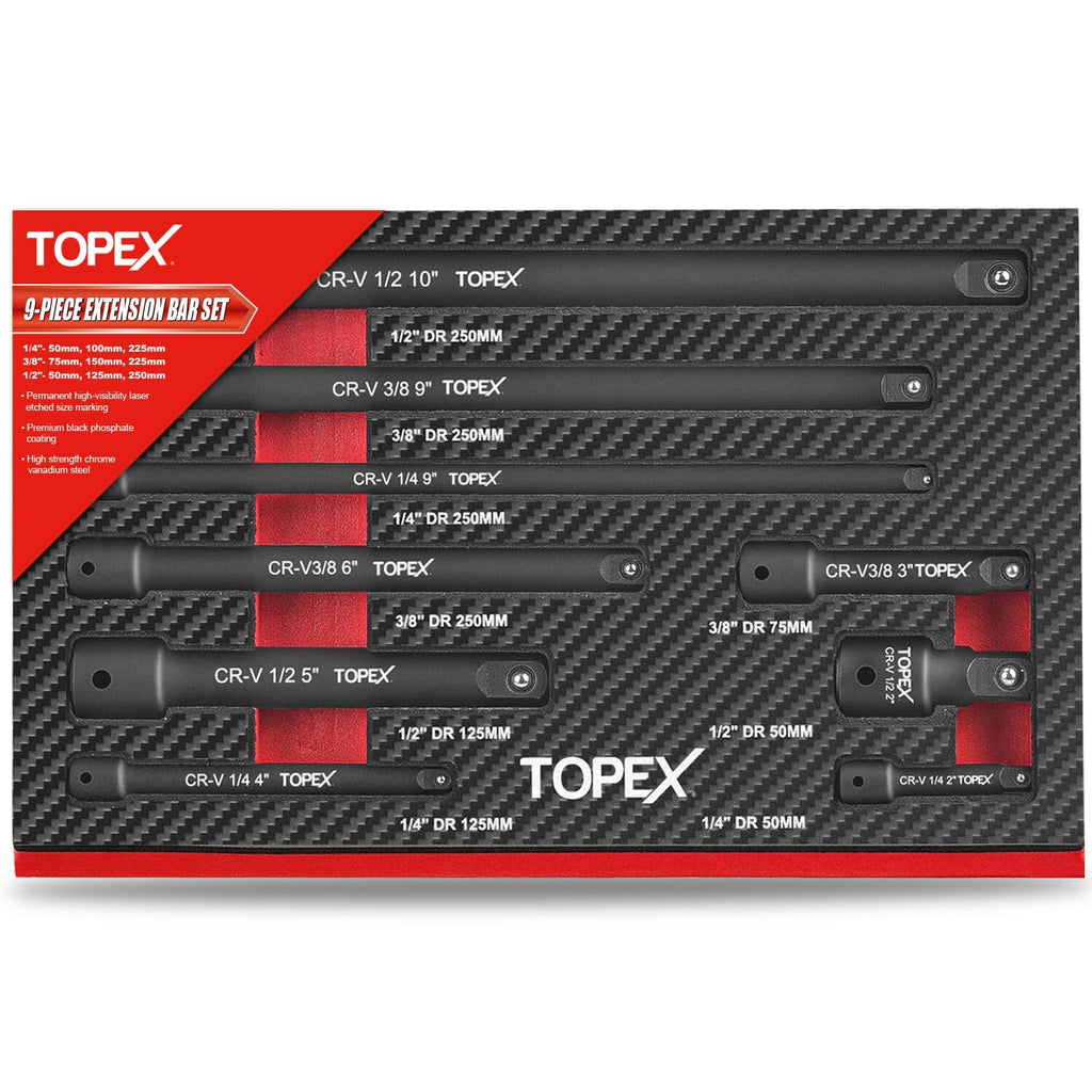 9pc Extension Bar Set – 1/4", 3/8" & 1/2" Socket Drive