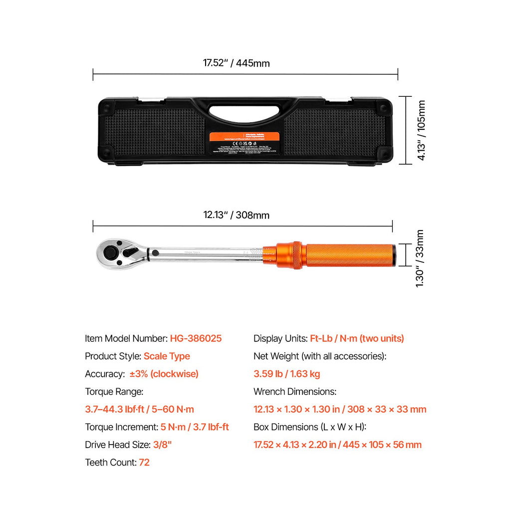 Uimoso 3/8 Inch Drive Torque Wrench Set, 5-60 N.m / 3.7-44.3 lbf.ft, 72-Tooth