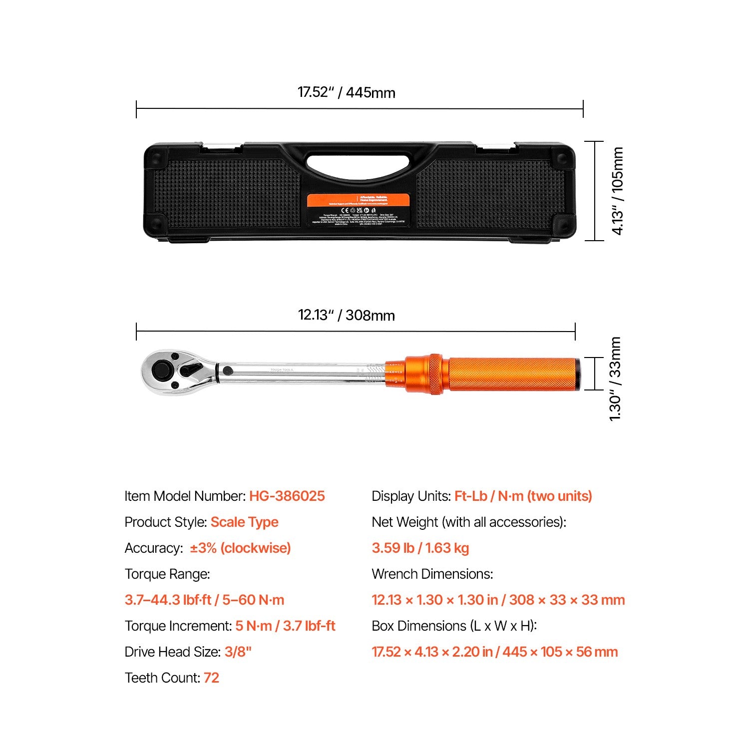 Uimoso 3/8 Inch Drive Torque Wrench Set, 5-60 N.m / 3.7-44.3 lbf.ft, 72-Tooth