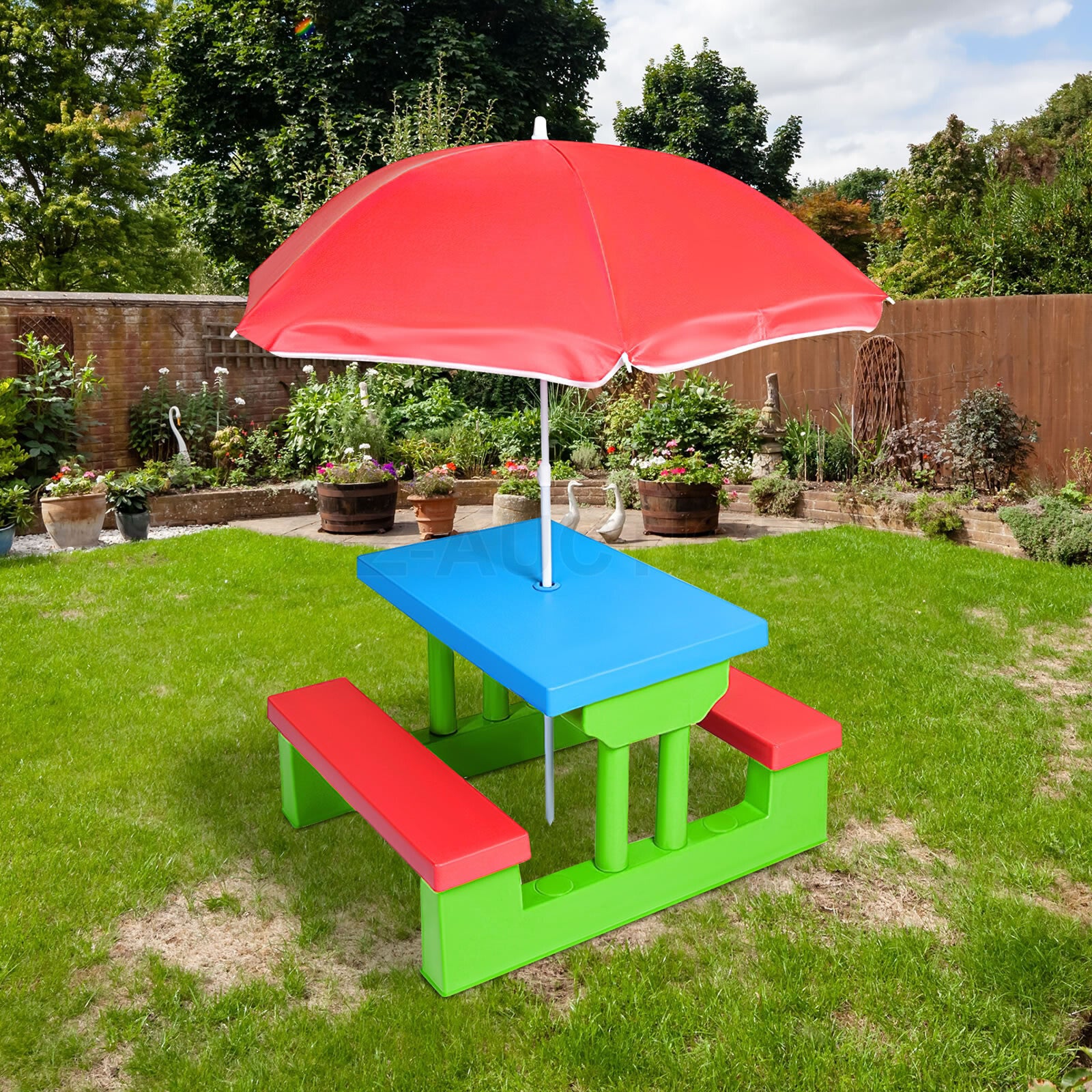Multi-Color Kids Picnic Table – Outdoor/Indoor Bench & Umbrella Set