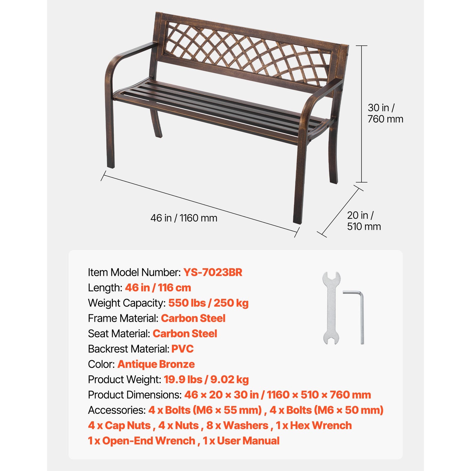 Uimoso Outdoor Bench with Metal Frame and PVC Mesh Backrest for Porch, 116 cm