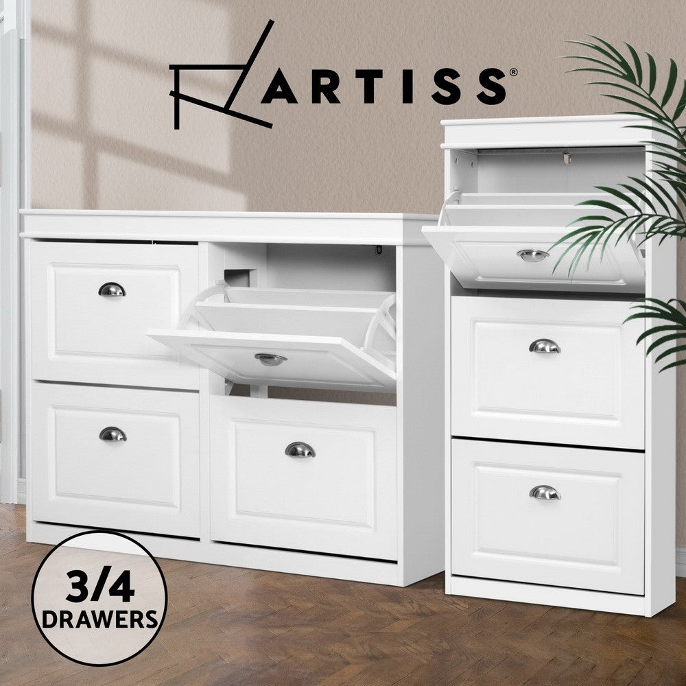 Shoe Rack Storage Cabinet 3/4 Flip Out Drawers White