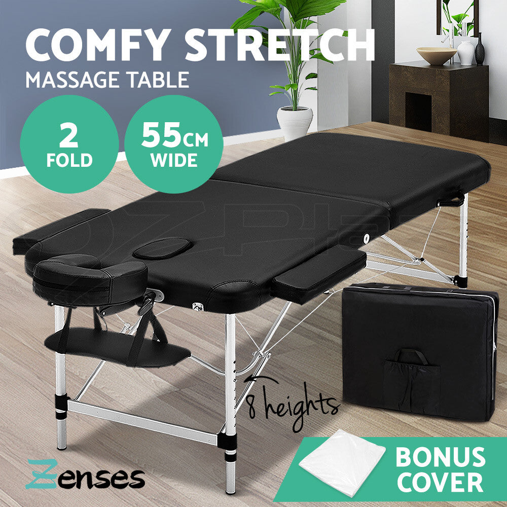 OVCN 55cm Portable 2 Fold Aluminium Massage Therapy Bed Black