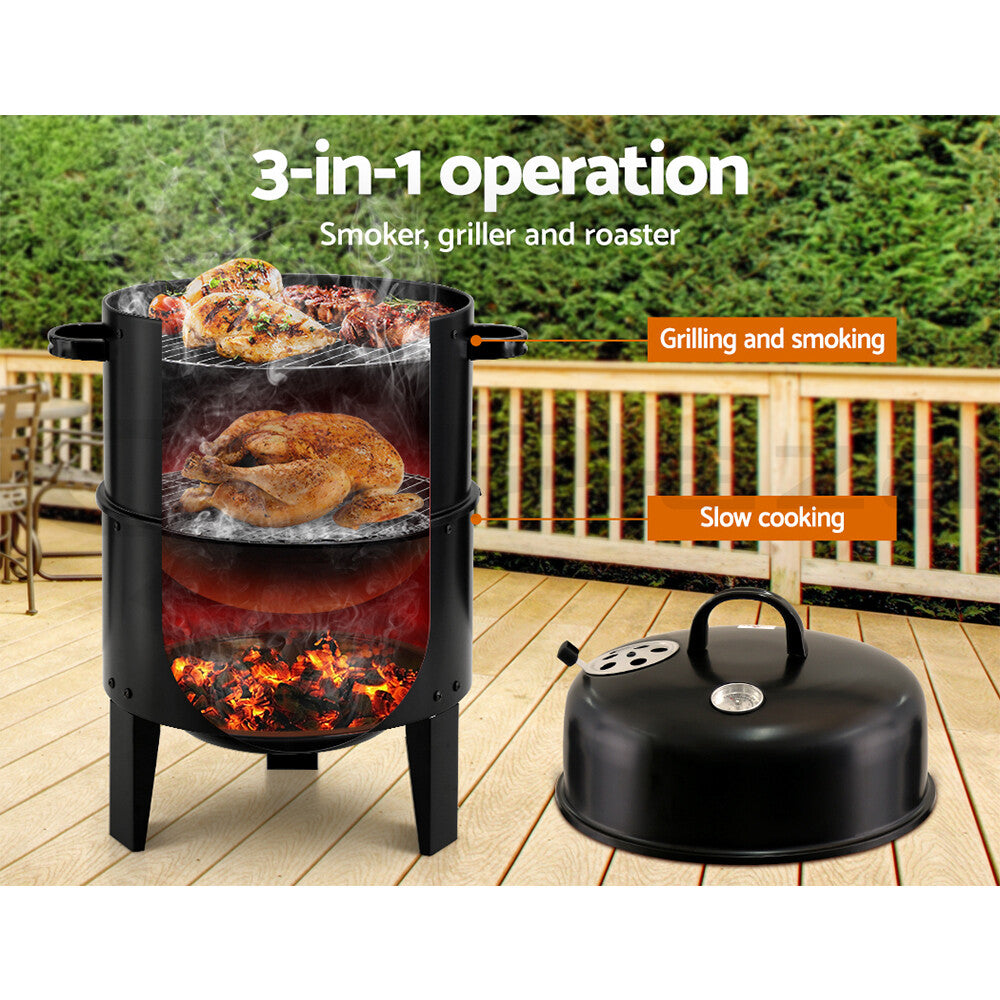 3 in 1 Portable Charcoal BBQ Grill Smoker Steel Camping