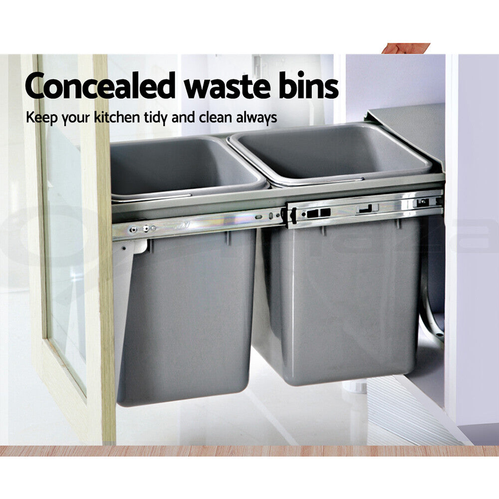 2x20L Twin Pull Out Kitchen Rubbish Bin Double Slide