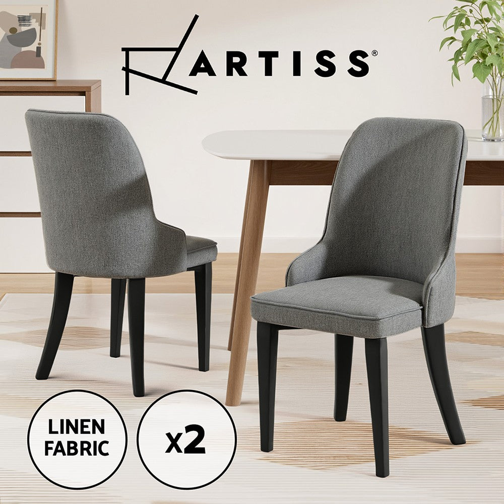 2x Dining Chairs Retro Vintage Linen Fabric Steel Legs Grey