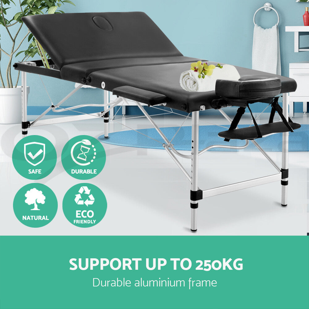 80cm Portable 3 Fold Aluminium Massage Therapy Bed Black