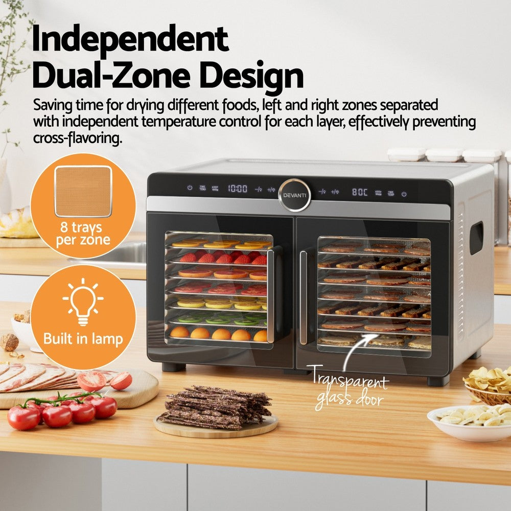 Dual-Zone 16 Tray Food Dehydrator Stainless Steel Fruit Jerky