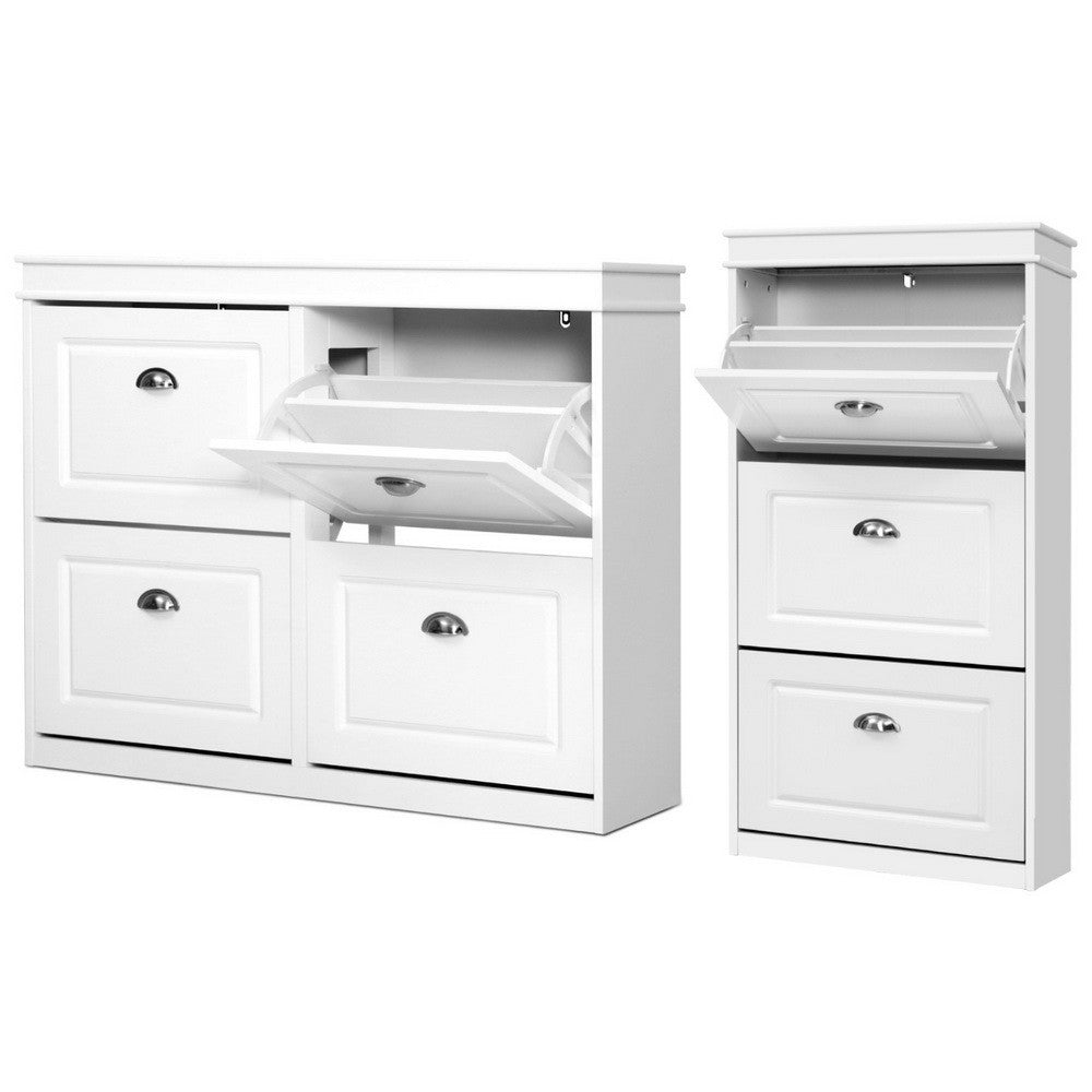 Shoe Rack Storage Cabinet 3/4 Flip Out Drawers White