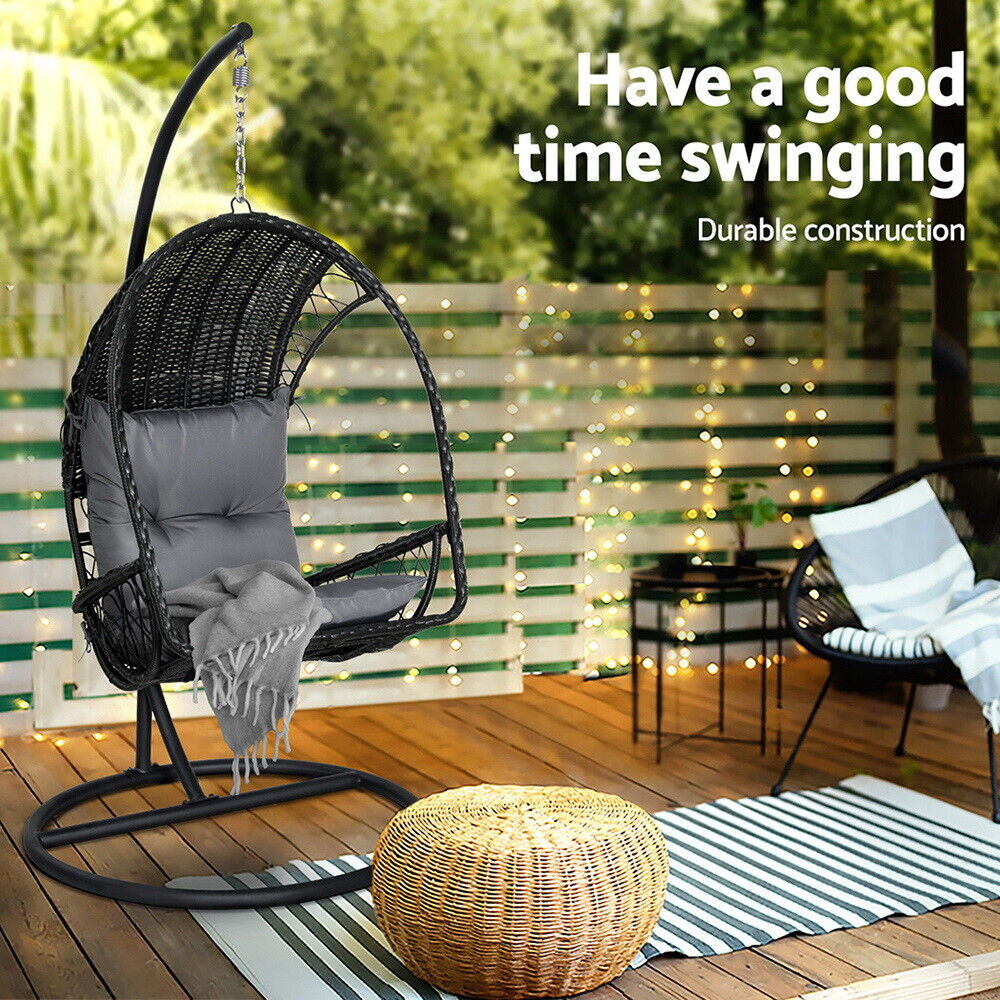 Outdoor Wicker Egg Swing Chair Pod Stand Armrest Black