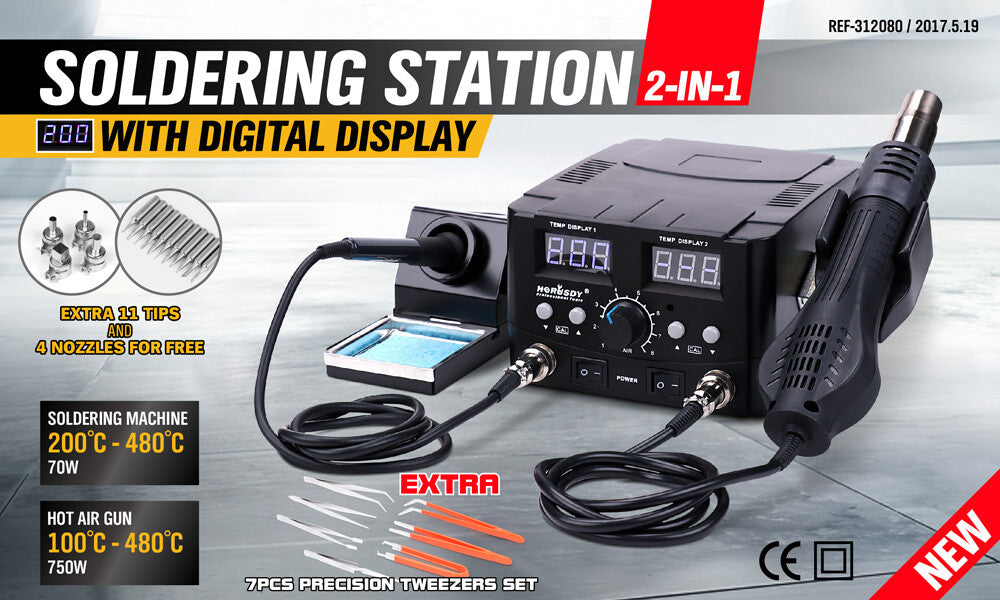 2-in-1 Soldering Station – Hot Air Gun & SMD Rework Iron