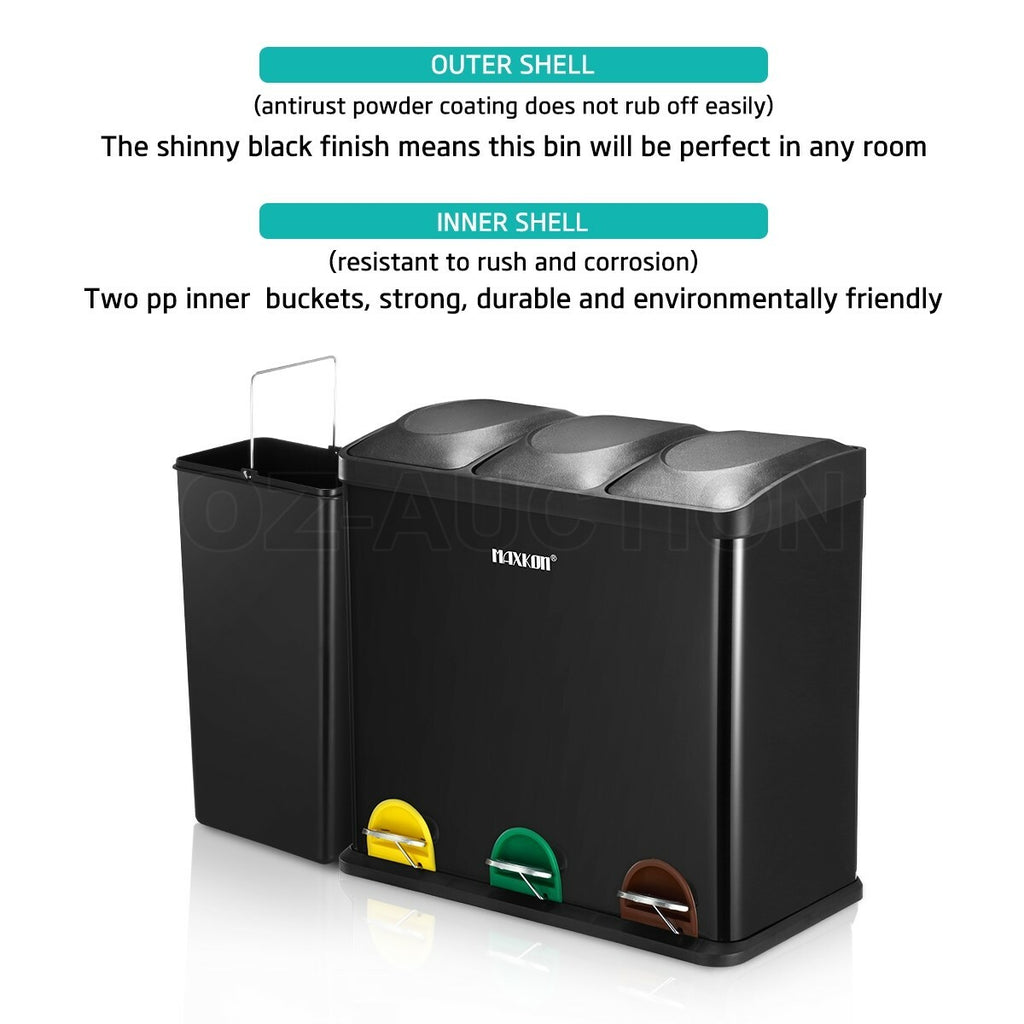 Maxkon 54L Pedal Rubbish Bin Triple Compartment Waste Can Black