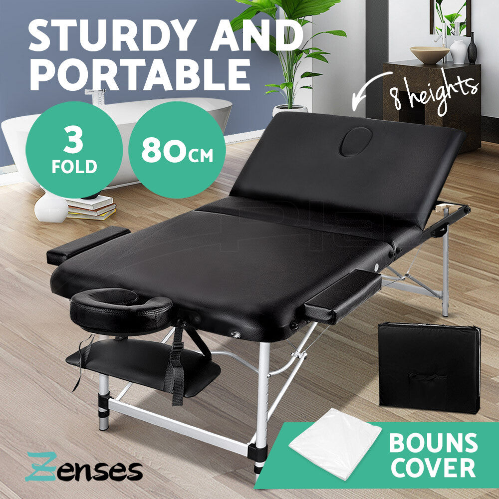 80cm Portable 3 Fold Aluminium Massage Therapy Bed Black