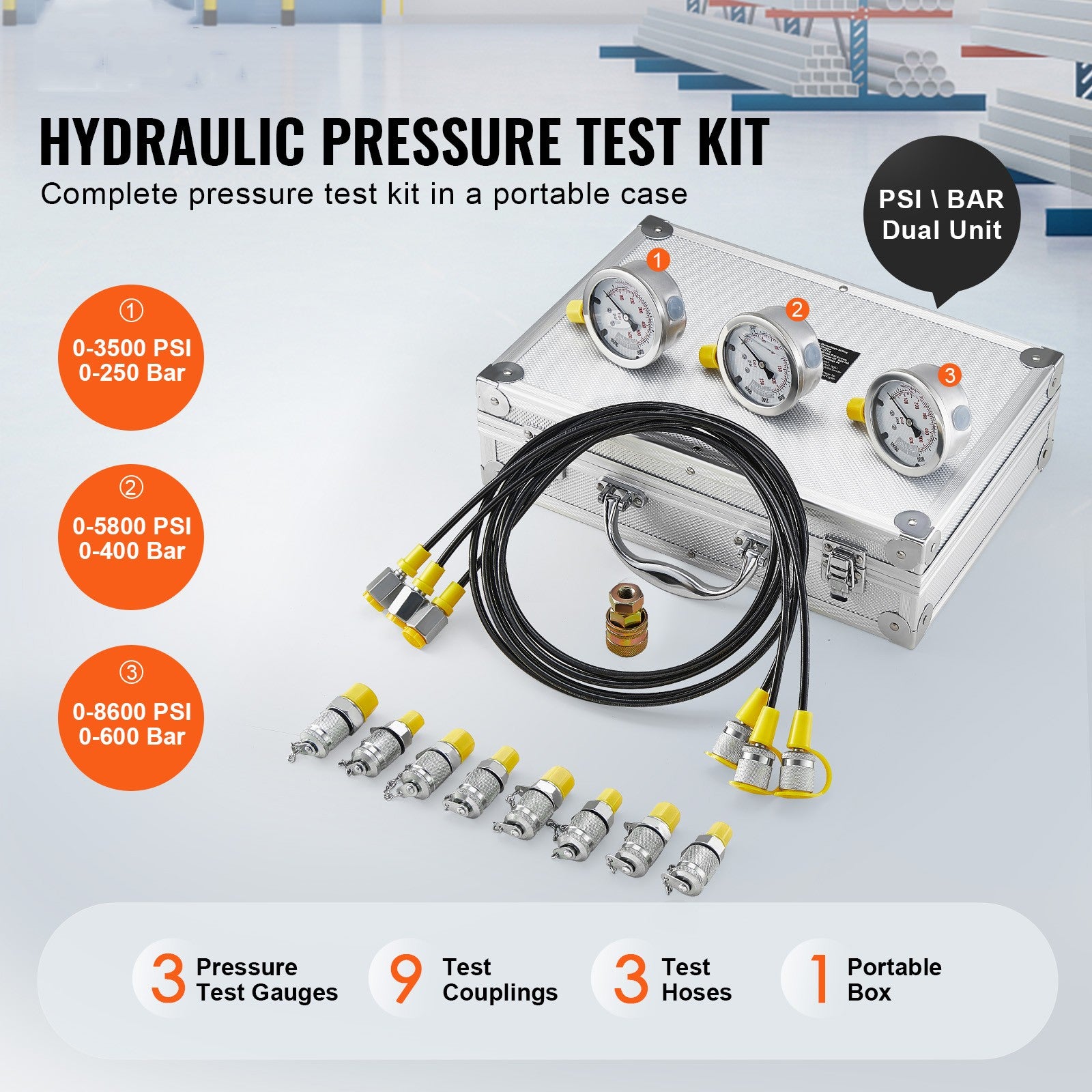Uimoso Hydraulic Pressure Test Kit 3 Gauges 9 Test Couplings 3 Test Hoses Case