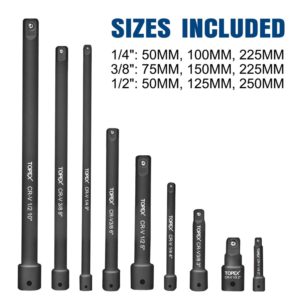 9pc Extension Bar Set – 1/4", 3/8" & 1/2" Socket Drive