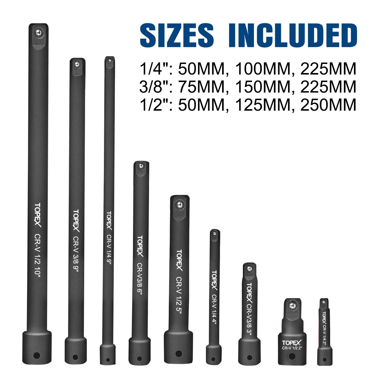 9pc Extension Bar Set – 1/4", 3/8" & 1/2" Socket Drive