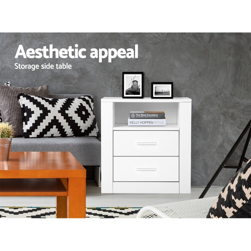 Bedside Table 2 Drawer Nightstand Shelf White