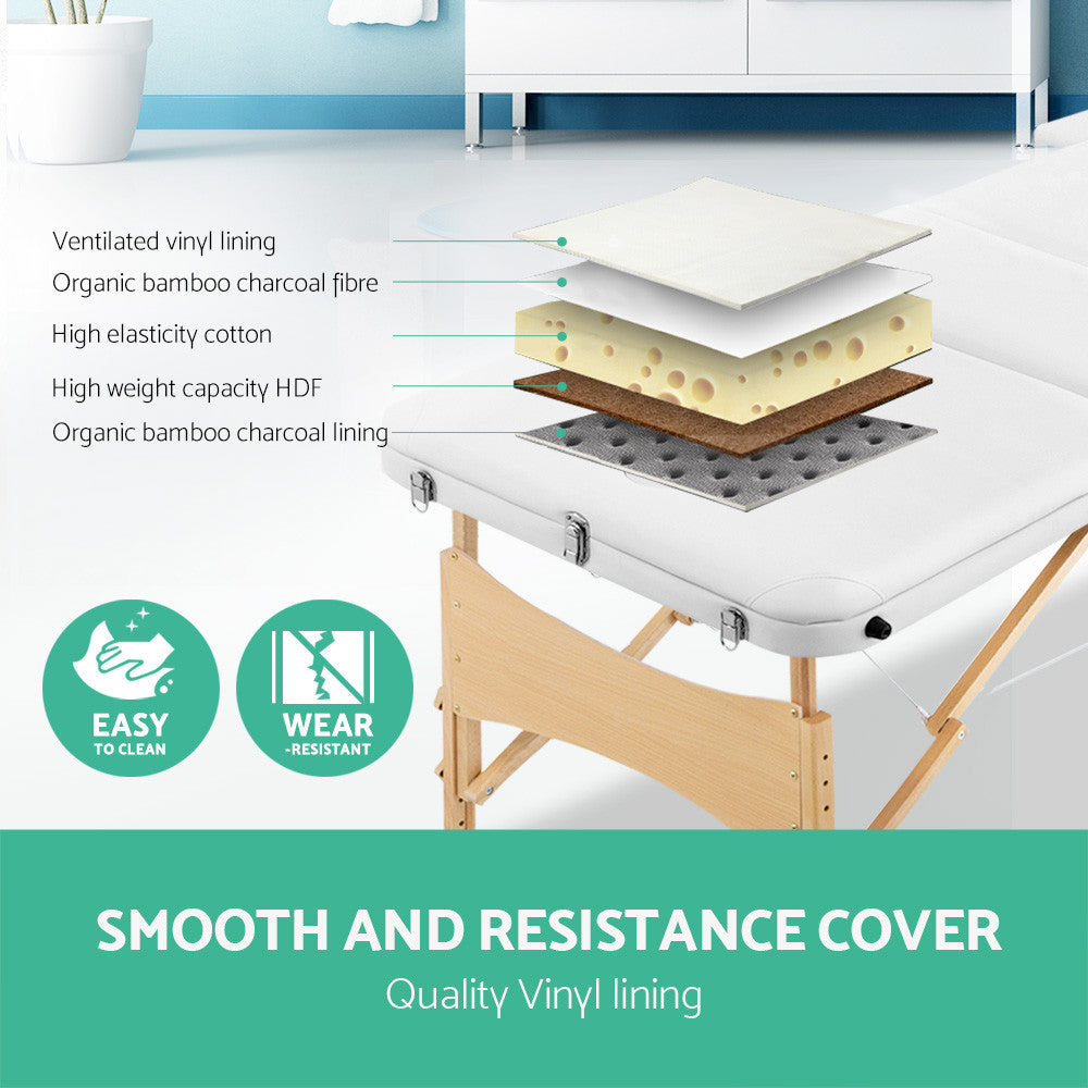 Portable Massage Table 70cm 3 Fold Wooden Therapy Bed White