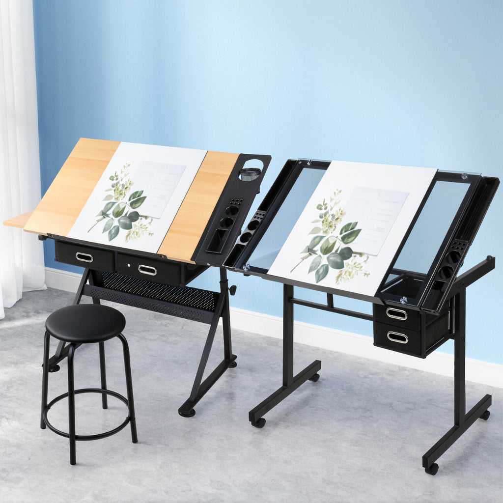 Drawing Desk Drafting Table Set with Stool Tilt Art Craft Black
