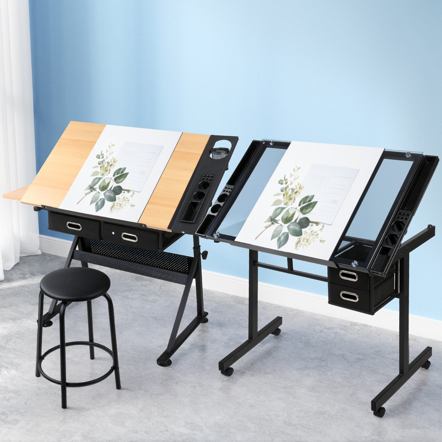 Drawing Desk Drafting Table Set with Stool Tilt Art Craft Black