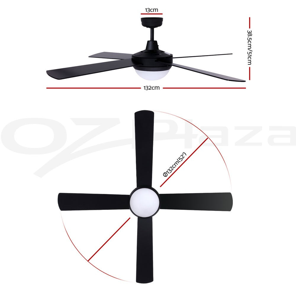 52'' DC Ceiling Fan 4 Blades LED Light Remote Timer Black