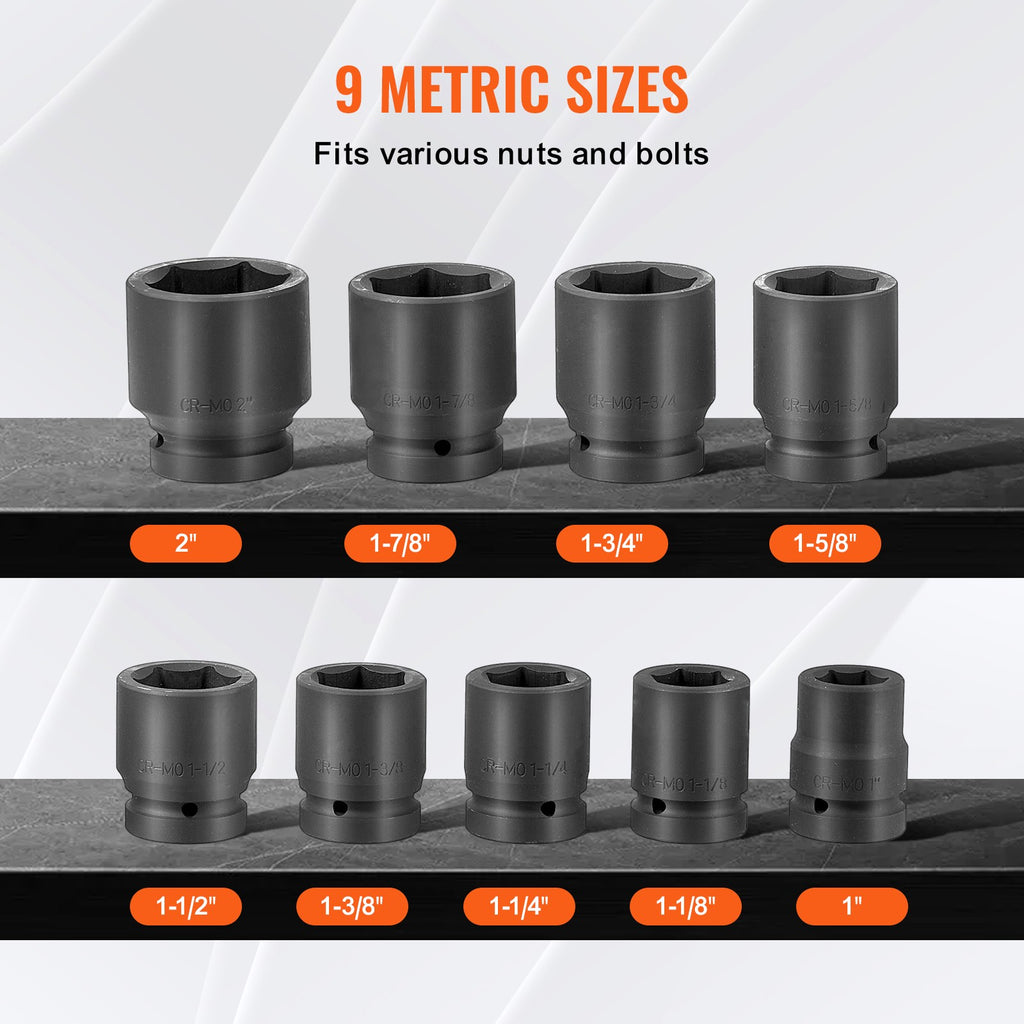 Uimoso Axle Nut Impact Socket Set 1" Drive 6-Point 9PCS SAE Spindle Nut Socket