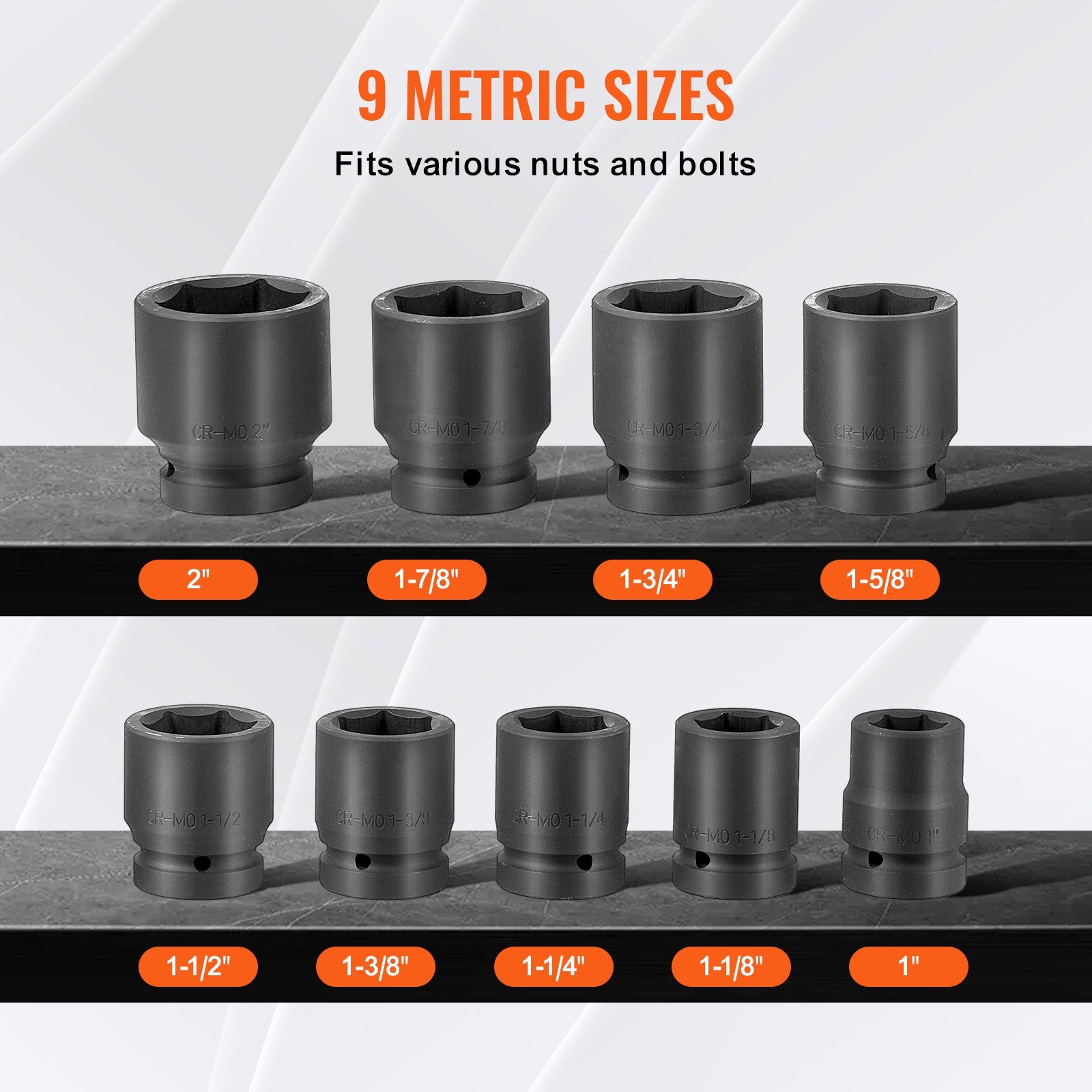 Uimoso Axle Nut Impact Socket Set 1" Drive 6-Point 9PCS SAE Spindle Nut Socket