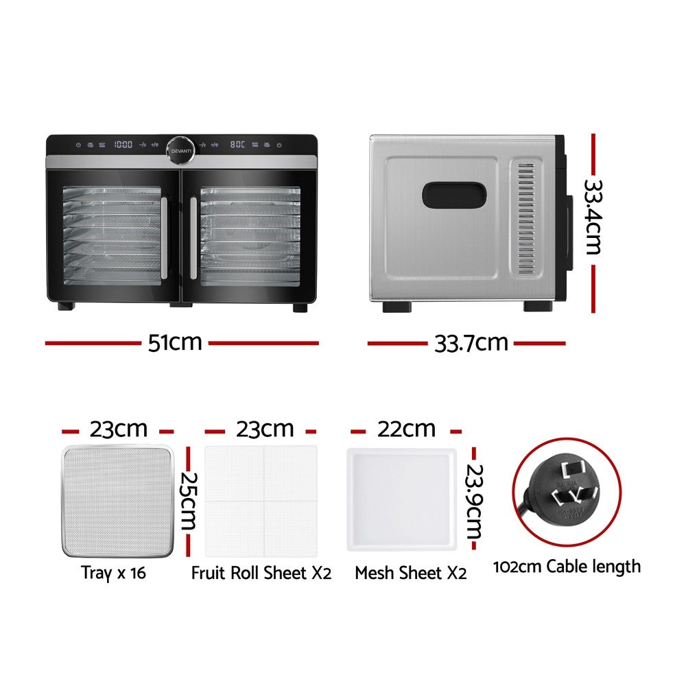 Dual-Zone 16 Tray Food Dehydrator Stainless Steel Fruit Jerky
