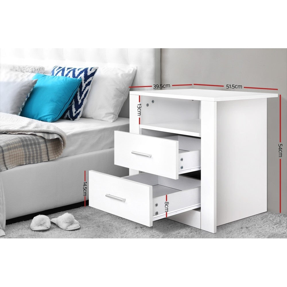 Bedside Table 2 Drawer Nightstand Shelf White