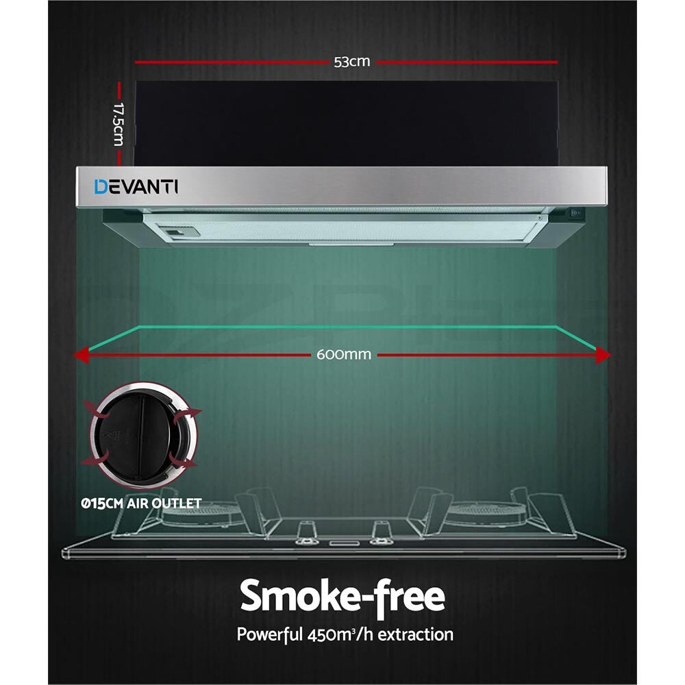 60cm Slide Out Kitchen Rangehood Canopy Stainless Steel