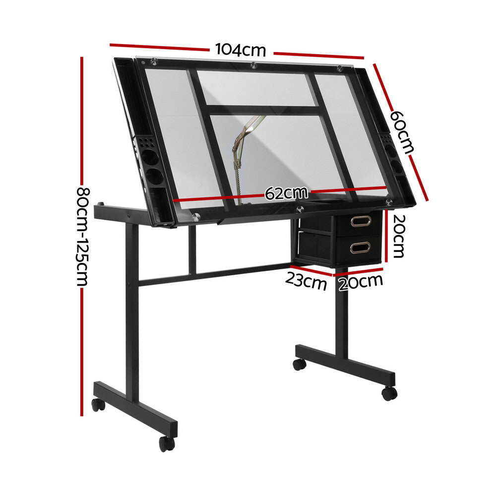 Drawing Desk Drafting Table Adjustable Glass Art Drawers Black