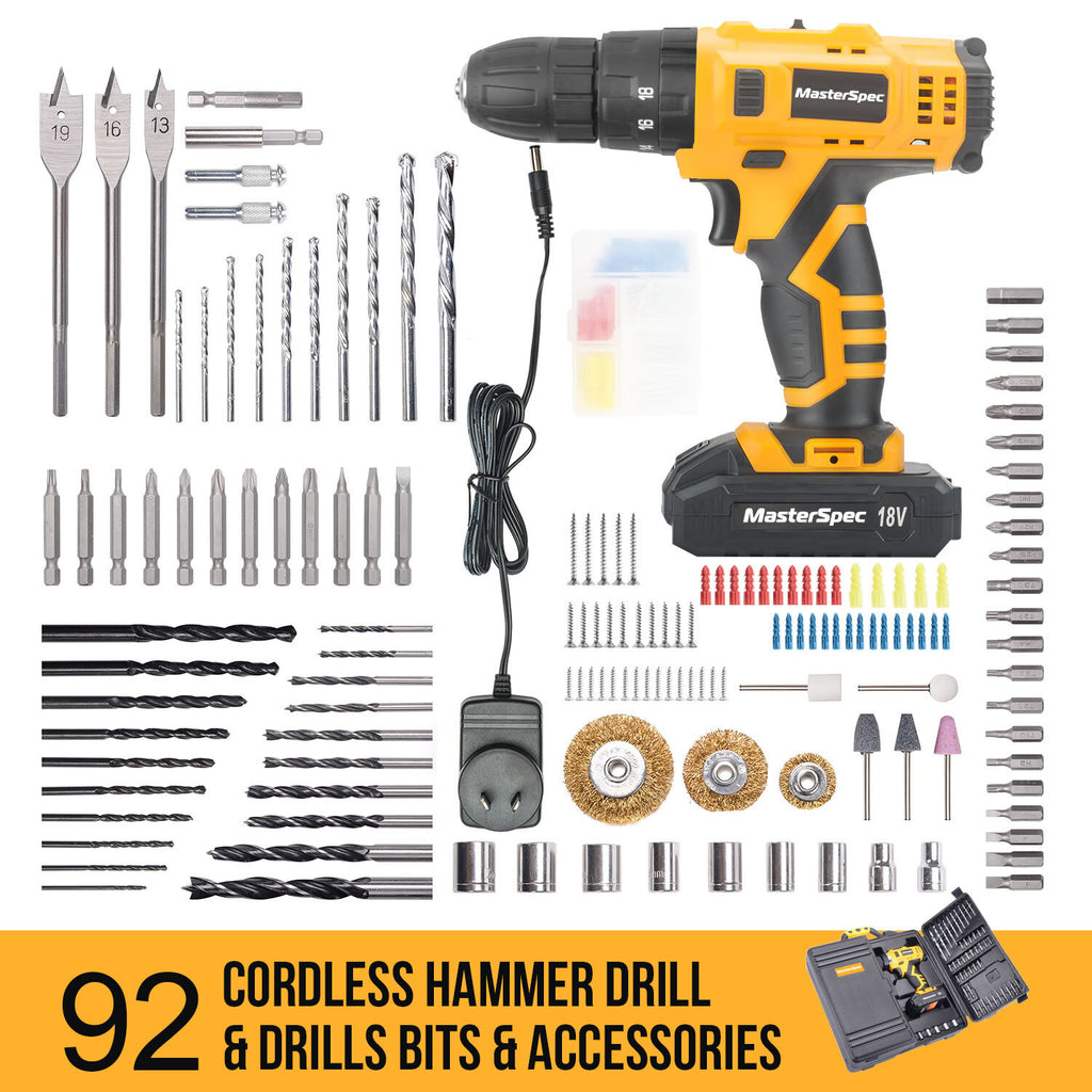 92pc Cordless Hammer Drill – 18V Power Tool Kit with Bits