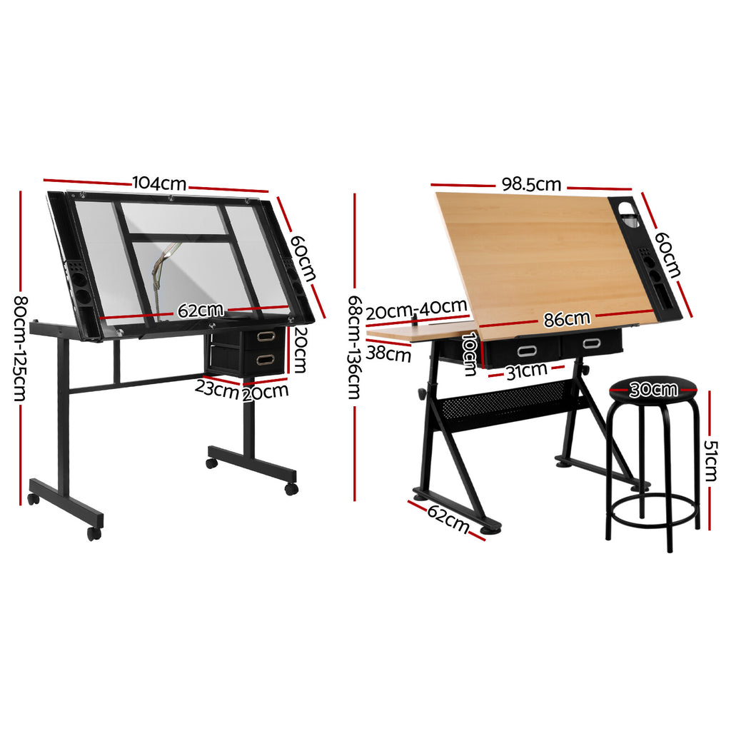 Drawing Desk Drafting Table Set with Stool Tilt Art Craft Black